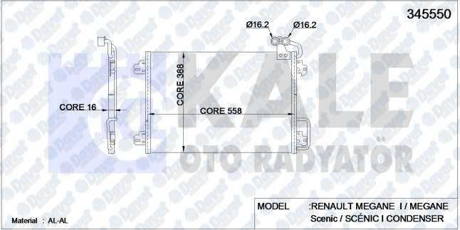 KALE 345550 Klima Radyatoru Scenic I (99-03) 1.4 16v-2.0 16v-1.9dci (F9q.7.34) (538x381x16) (Al/Al) (Kurutucu Ile)